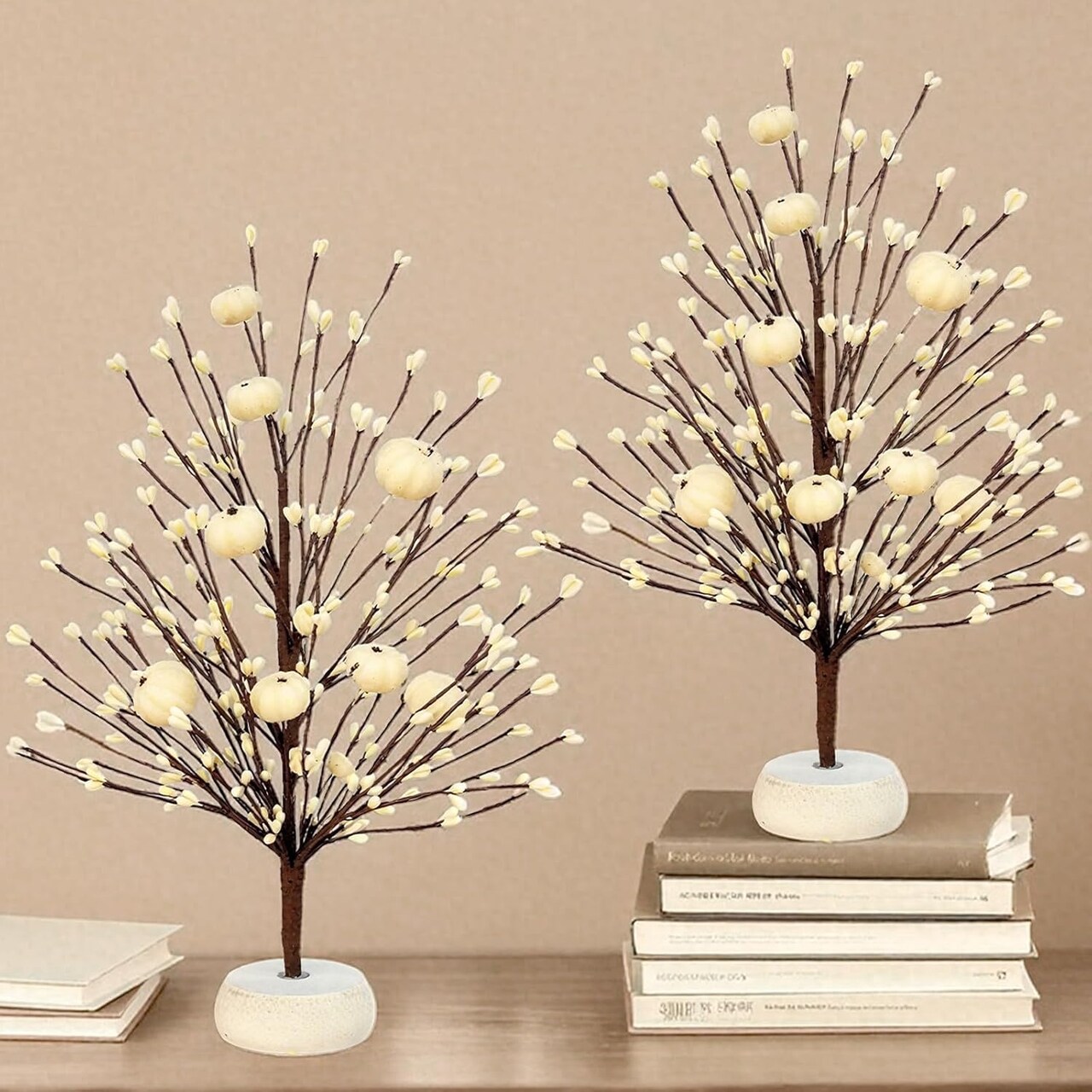 2 Pack Artificial Fall Tabletop Trees with White Pumpkins & Berry Accents, 15 Inch Thanksgiving Centerpieces for Tables, Autumn Harvest Decorations for Mantel, Fireplace, Dining Room & Home Decor